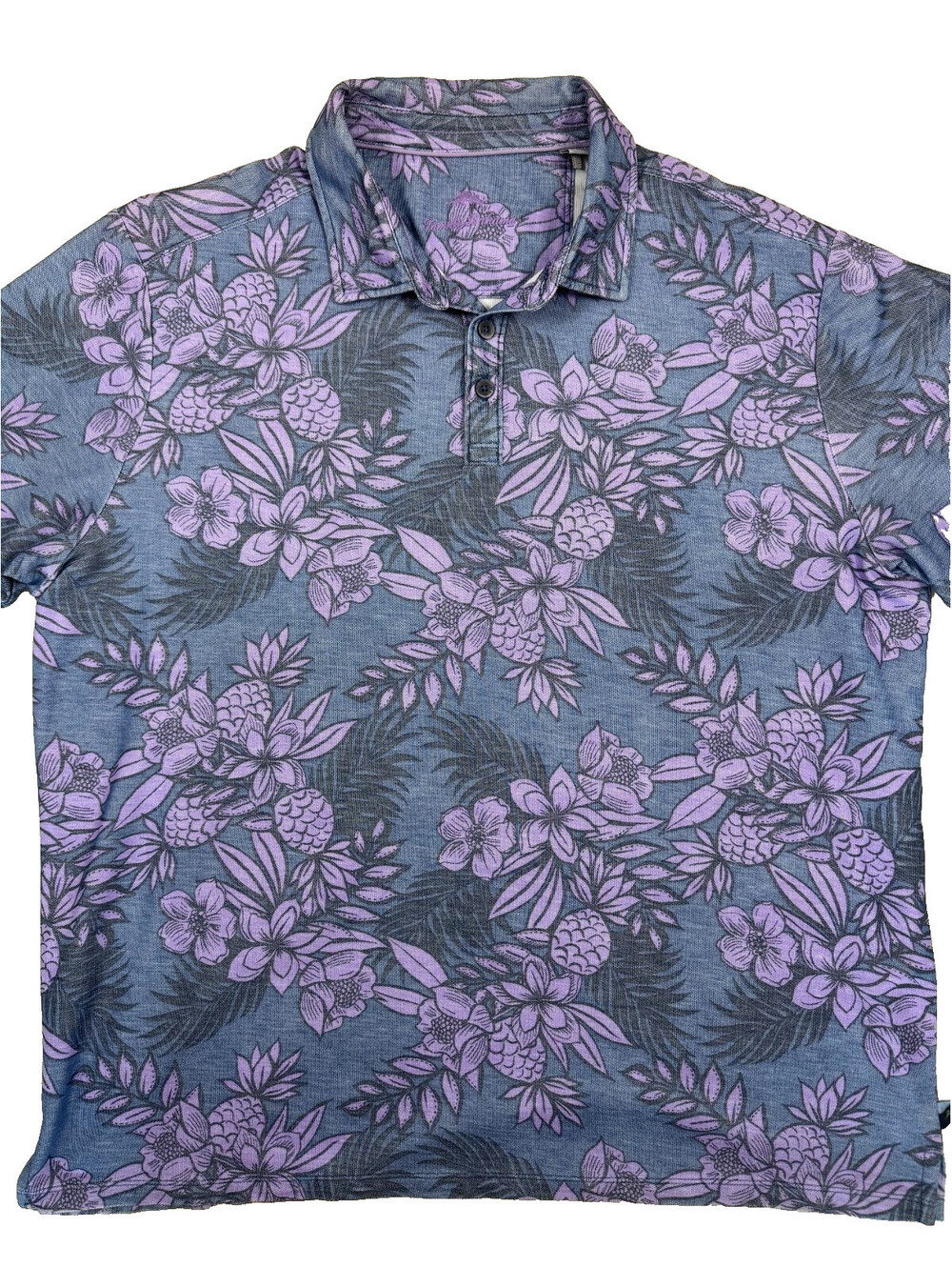 Tommy Bahama Men's SS Polo 2XL/XXL Blue w/ Purple Pineapple Floral Pattern